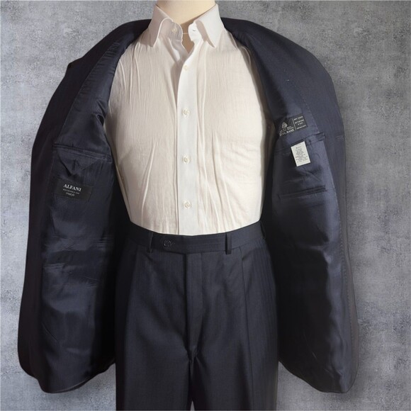 ALFANI Men’s 2-Piece Suit 44L Blazer 38x32 Pants Navy Blue Striped Virgin Wool - Picture 4 of 16